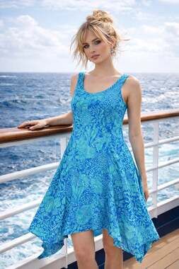 Pineapple Juice Hawaii Blue Coral Sea Shell Print Lined Sundress with Pockets